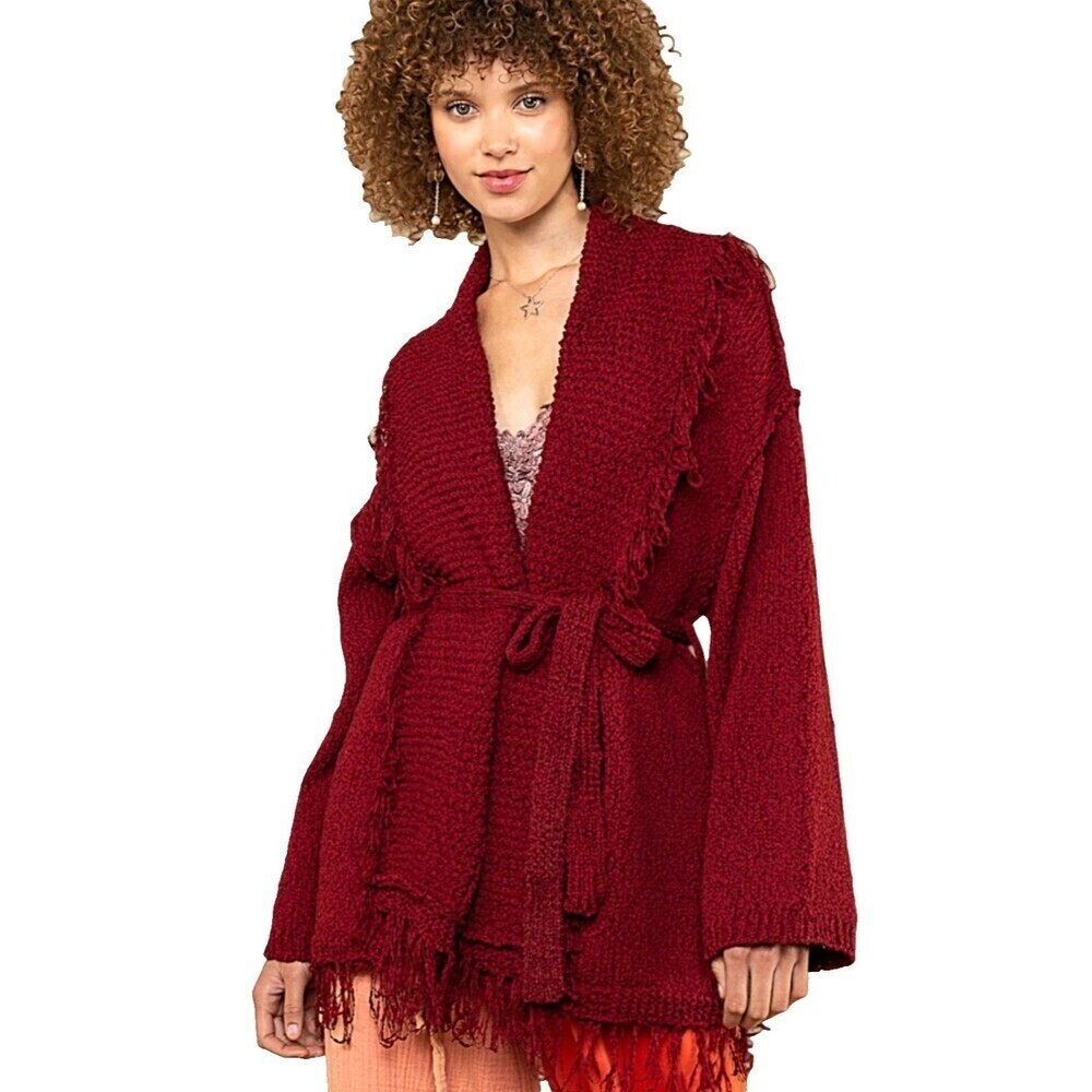 New POL Womens Size M Burgundy Sweater Belted Fringed Cardigan Cozy Shawl Collar